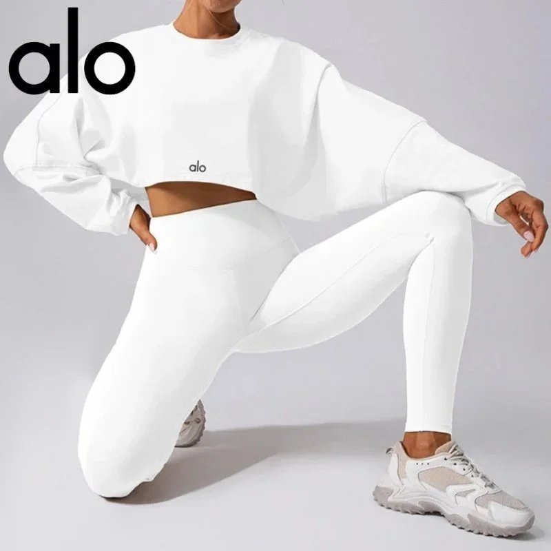 Alo Yoga White Crop Sweatshirt and Leggings Set