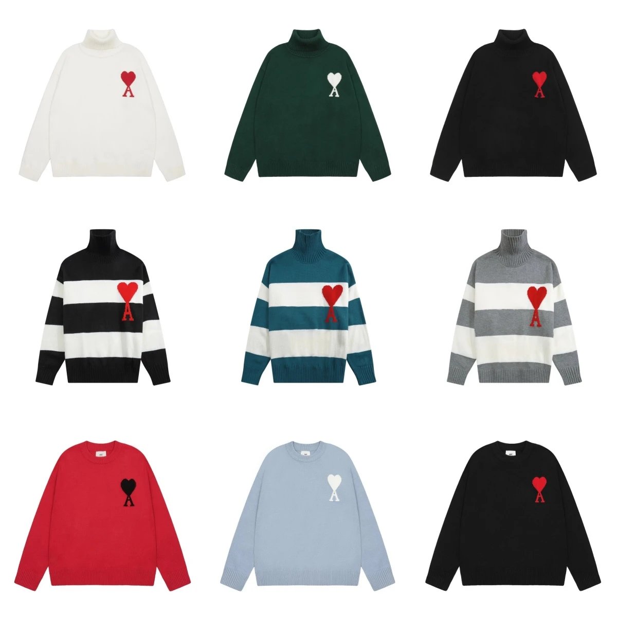 Ami Paris Heart Logo Knit Sweater Turtleneck and Crewneck