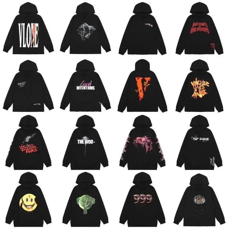 VLOVE Black Hoodies with Graphic Prints Streetwear Fashion