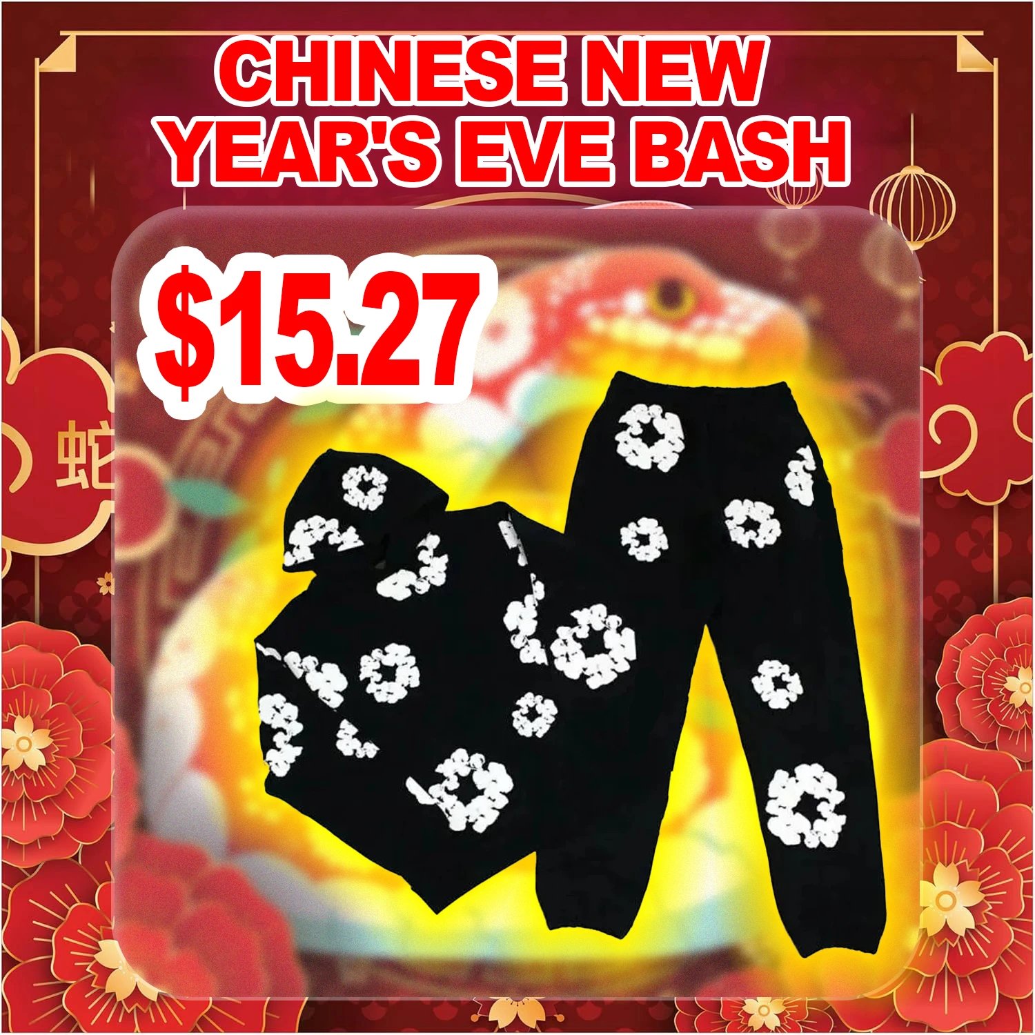 Black Floral Print Sweater Set for Chinese New Year's Eve Bash