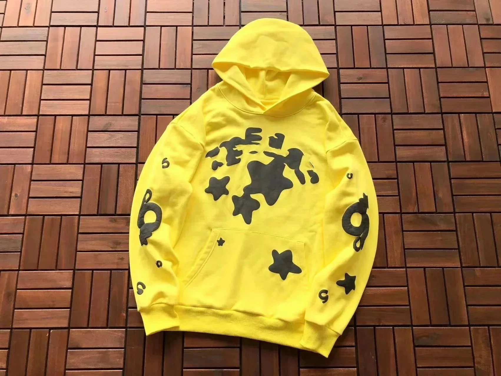 Yellow Hoodie with Black Star and Number Print
