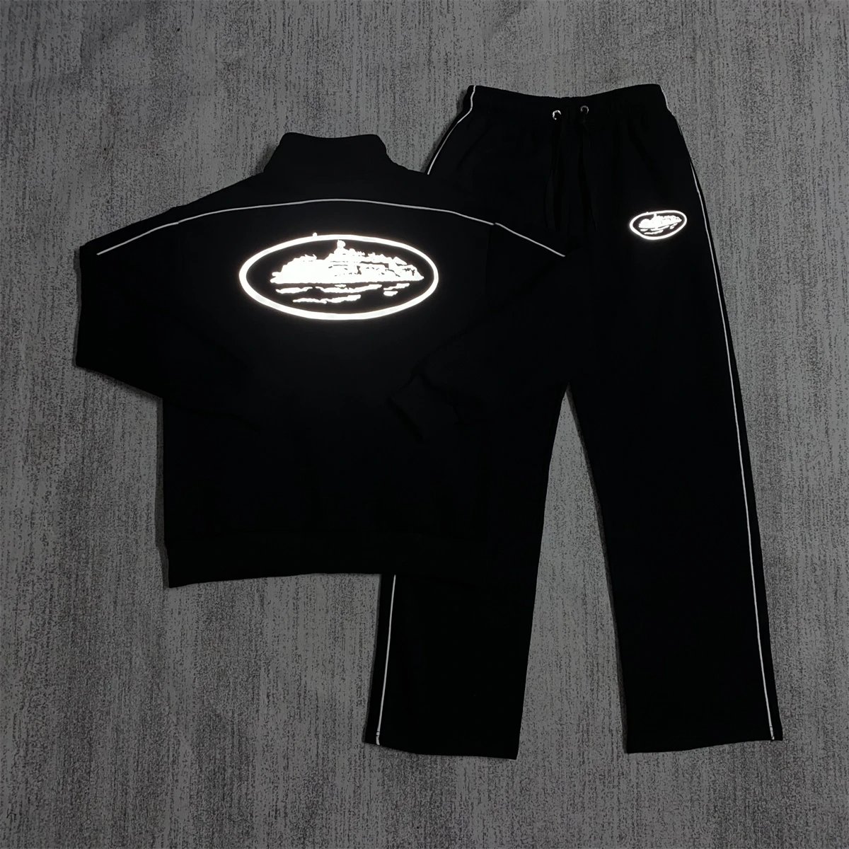 Glow-in-the-Dark Black Tracksuit Set with Reflective Logo