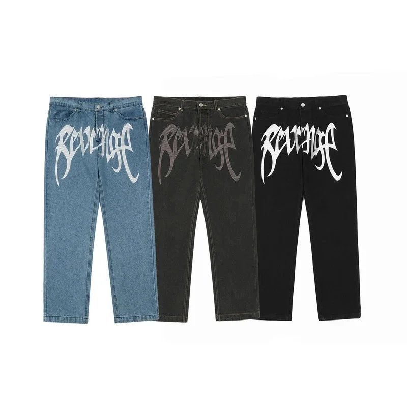 REVENGE Logo Denim Pants in Blue Black and Dark Wash