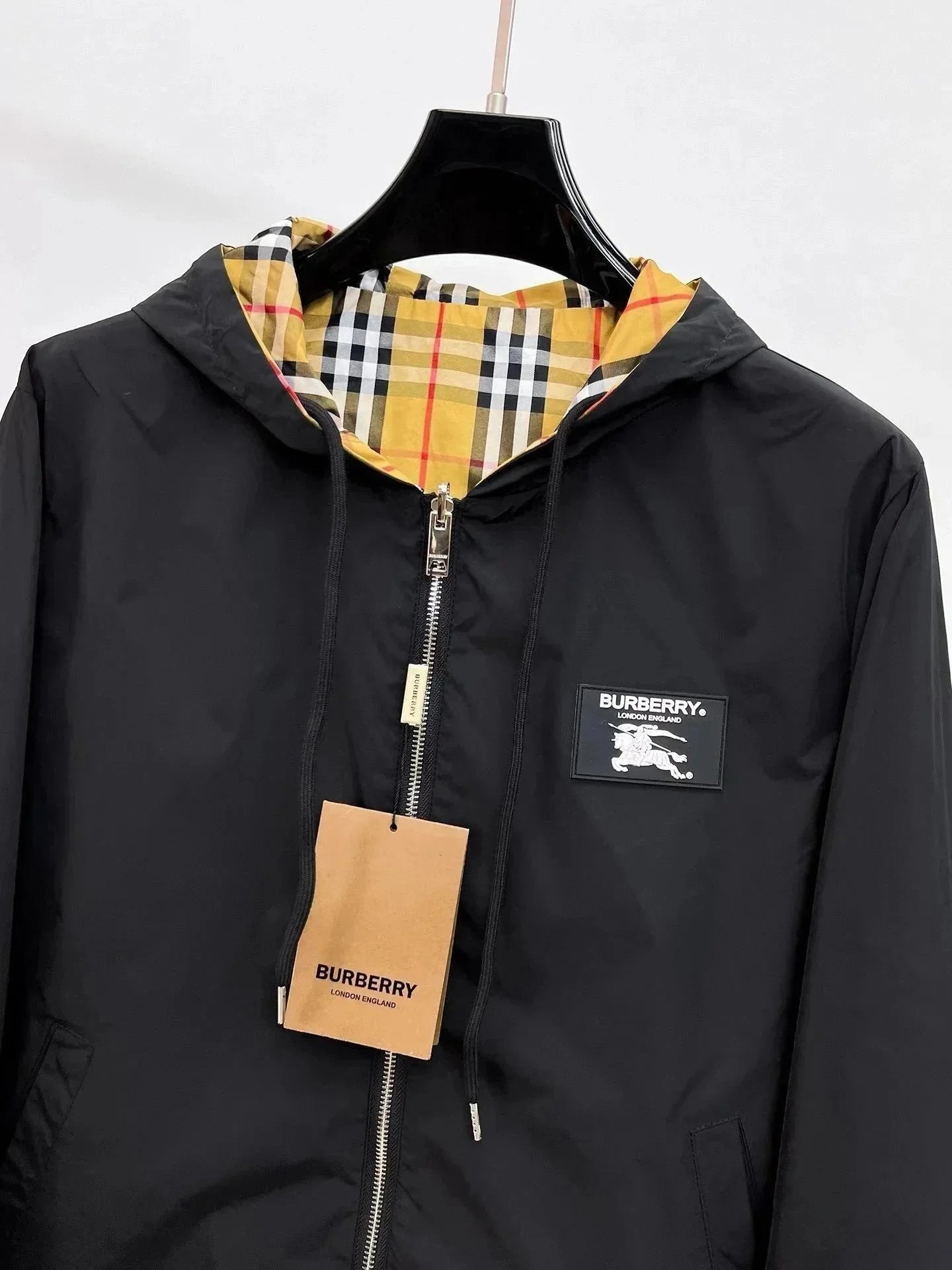 Burberry Black Hooded Jacket with Check Lining