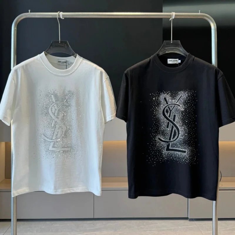 Saint Laurent Logo Embellished T-Shirt Black White