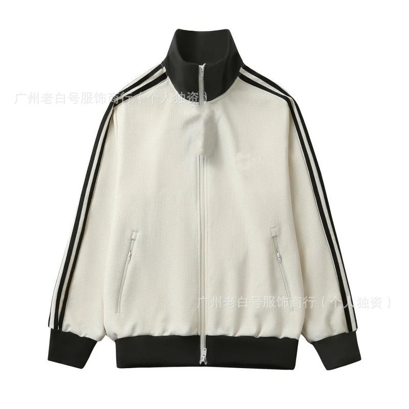 White Track Jacket with Black Stripes and Zipper Front