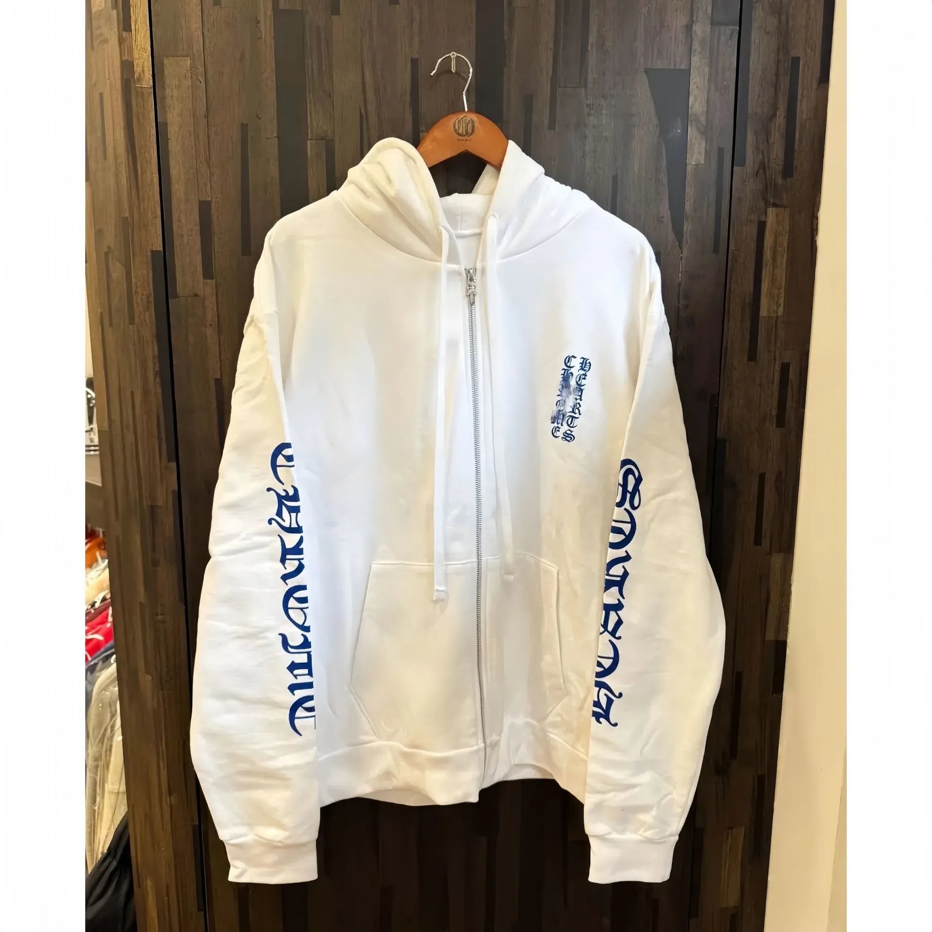 White Zip-Up Hoodie with Blue CULTURE Print on Sleeves