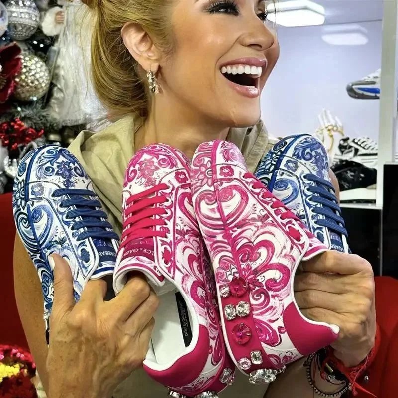 Ice-Gaga Designer Sneakers with Rhinestones and Floral Patterns