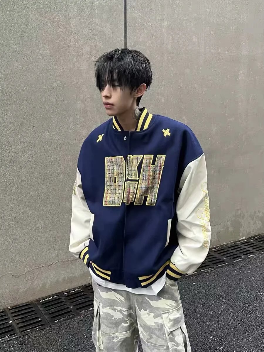 BKH Letter Patch Varsity Jacket Men's Streetwear Baseball Jacket