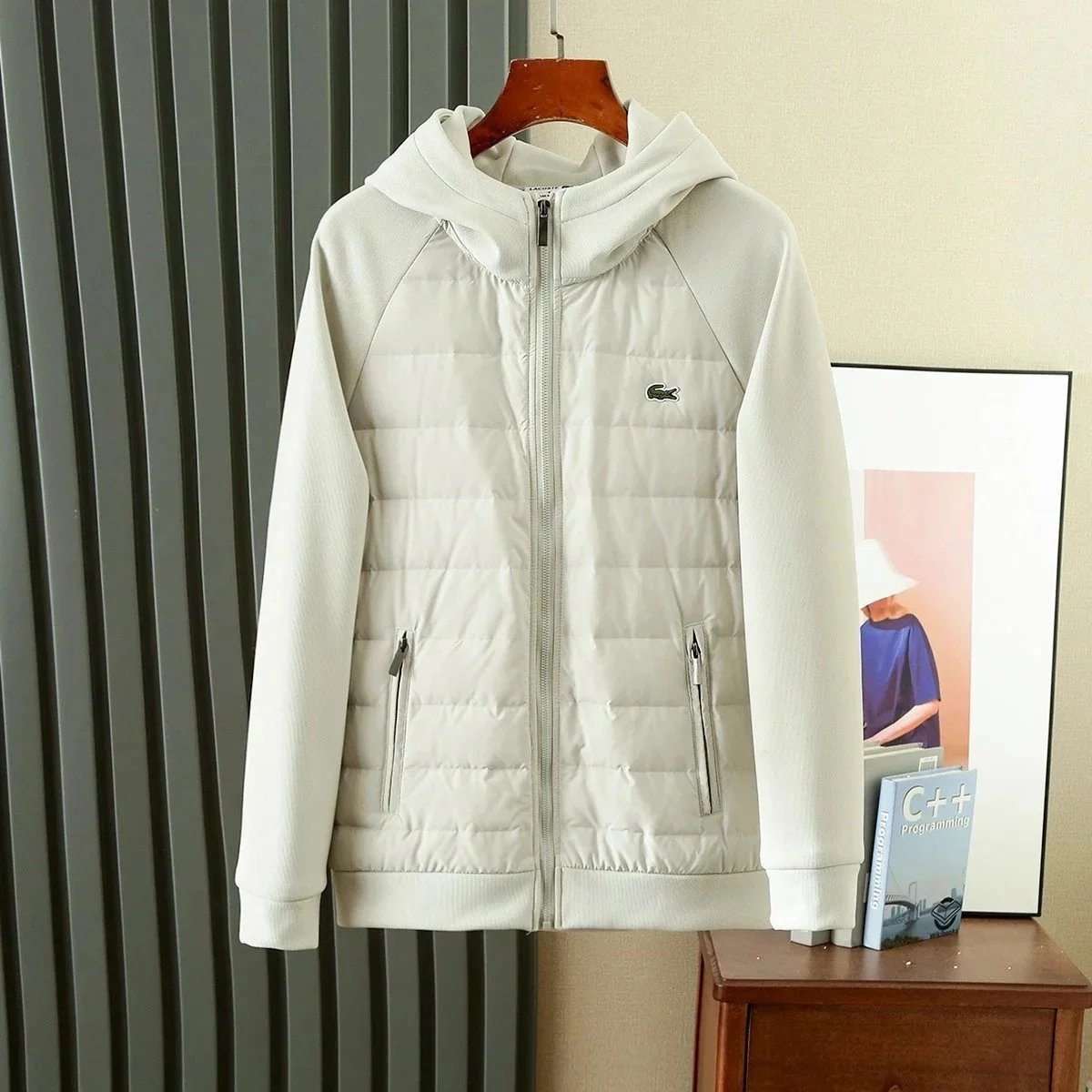 Lacoste White Hooded Quilted Jacket for Women