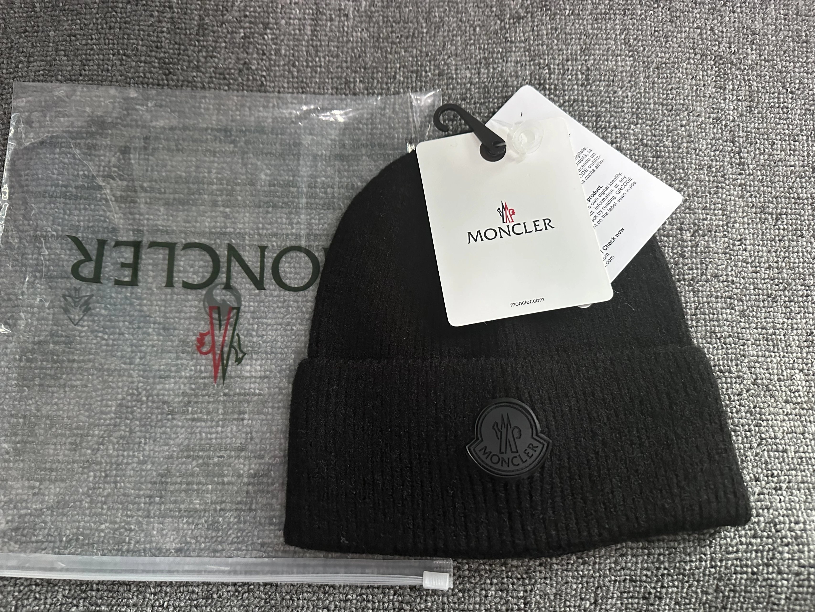 MONCLER Black Knit Beanie Hat with Logo Patch