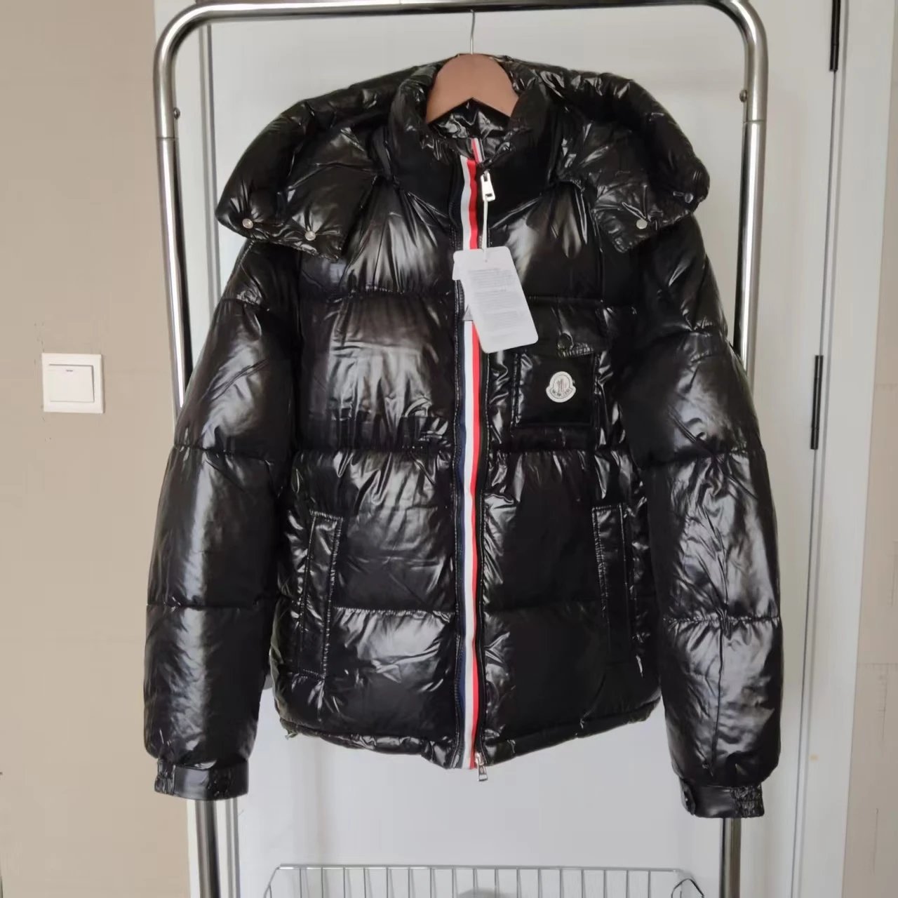 Moncler Black Down Jacket with Hood and Red White Blue Zip