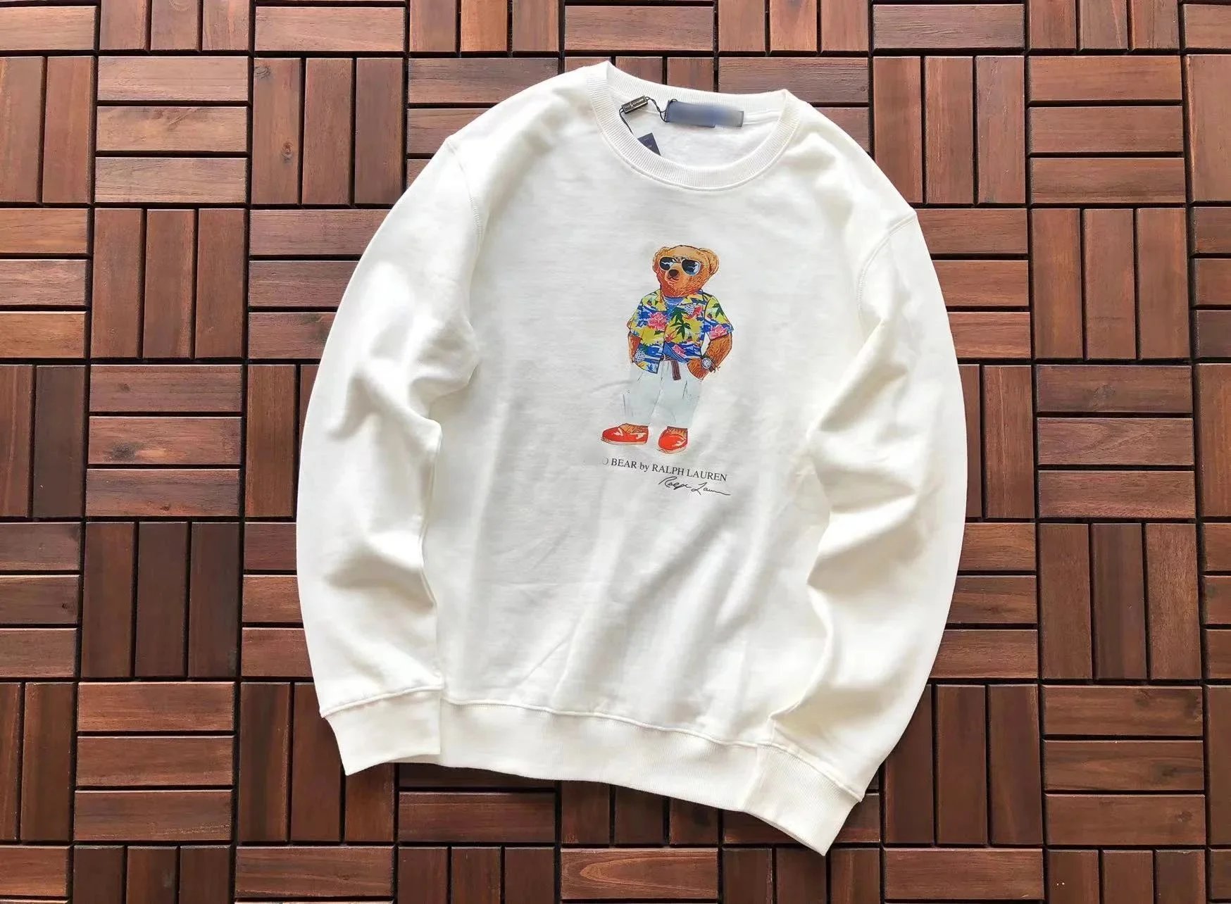 Polo Bear Sweatshirt White Floral Bear Print Crewneck