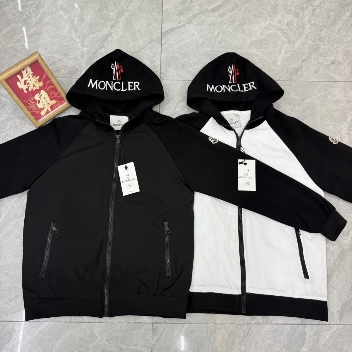 Moncler Hooded Zip-Up Jacket Black and White
