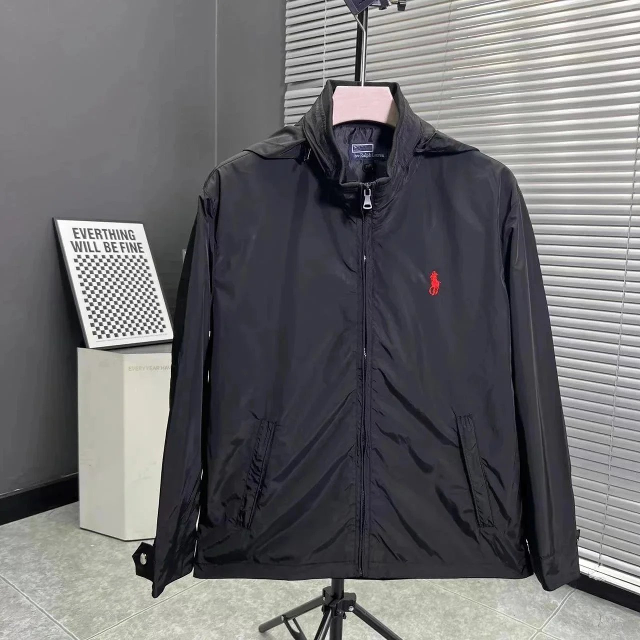 Black Hooded Windbreaker Jacket with Red Pony Logo