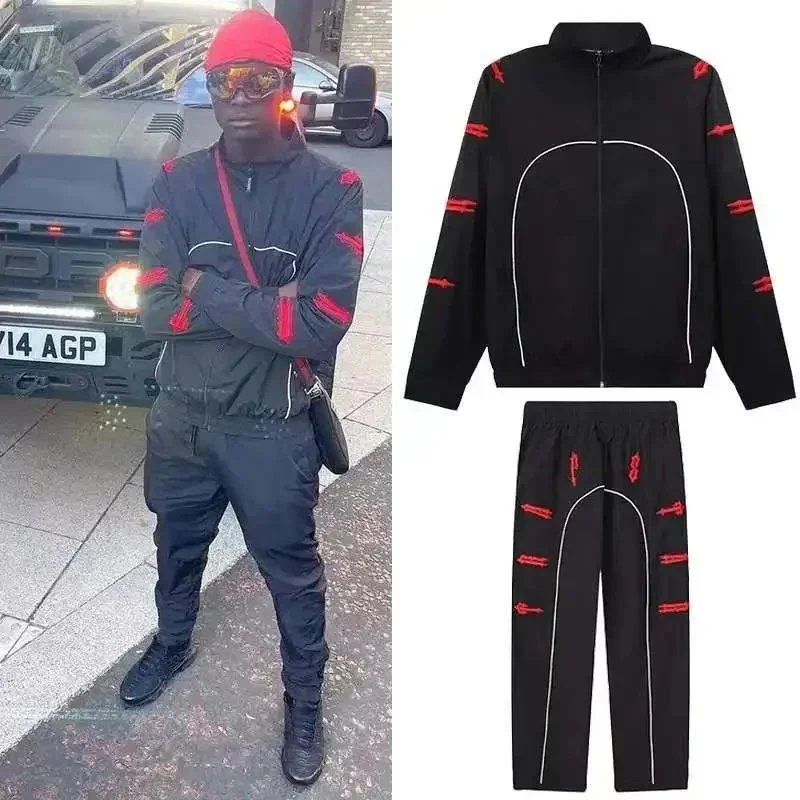 Men's Black Red Track Suit Set Sportswear Jacket Pants Outfit