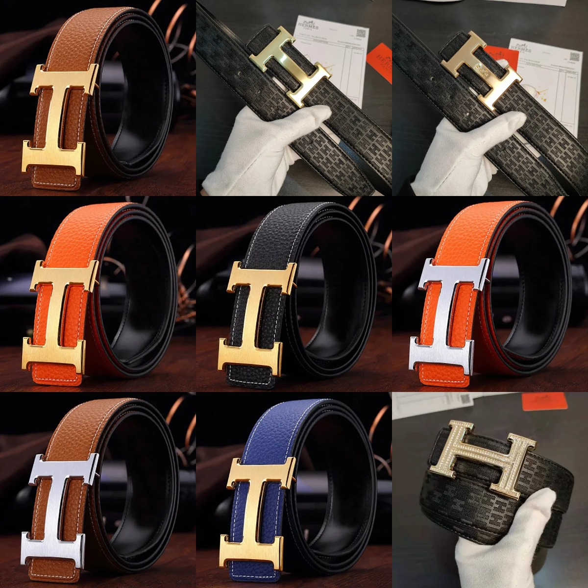 Hermes H Belt Men's Leather Belt with Gold Silver Buckle