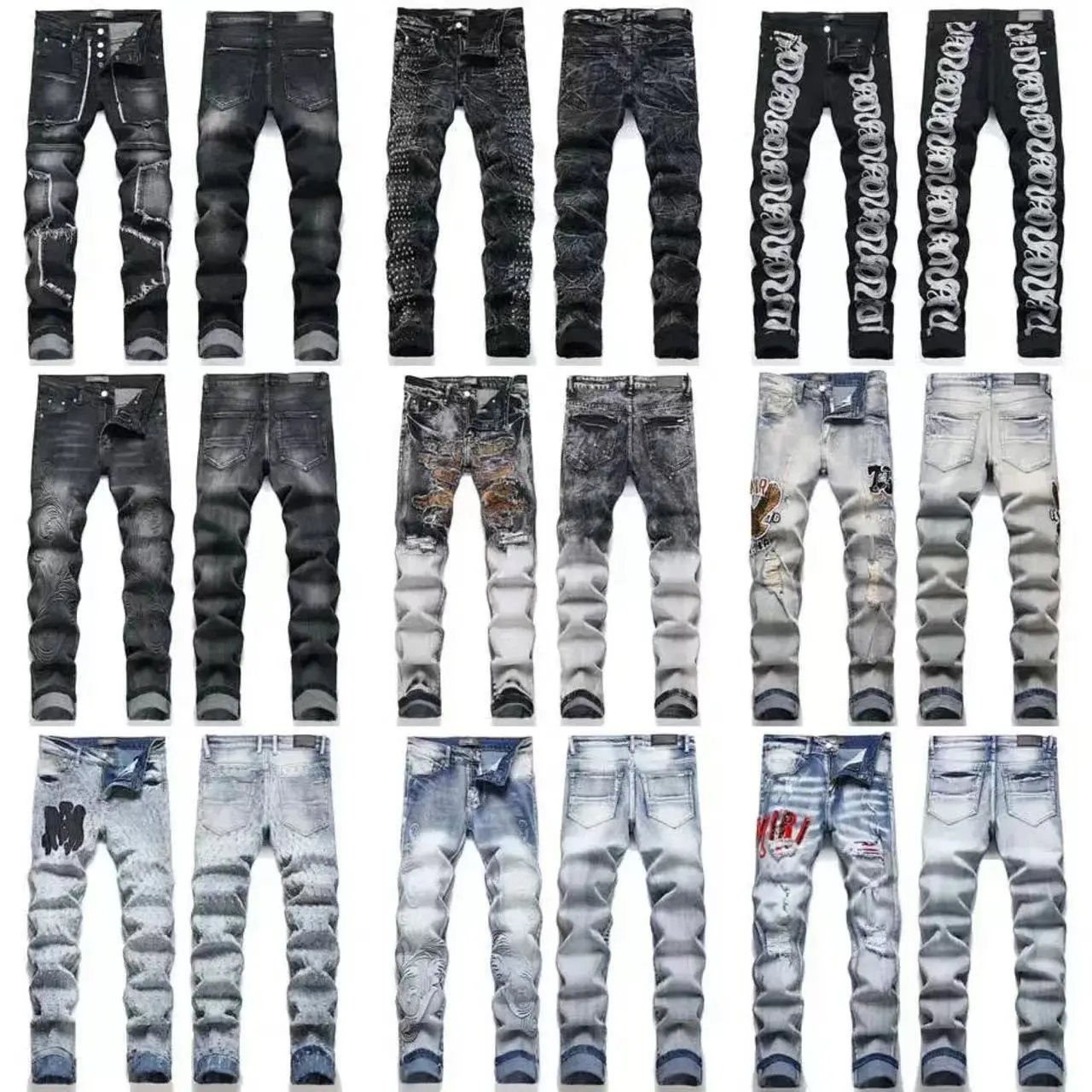 Men's Fashion Distressed Jeans Slim Fit Denim Pants with Patches and Rips