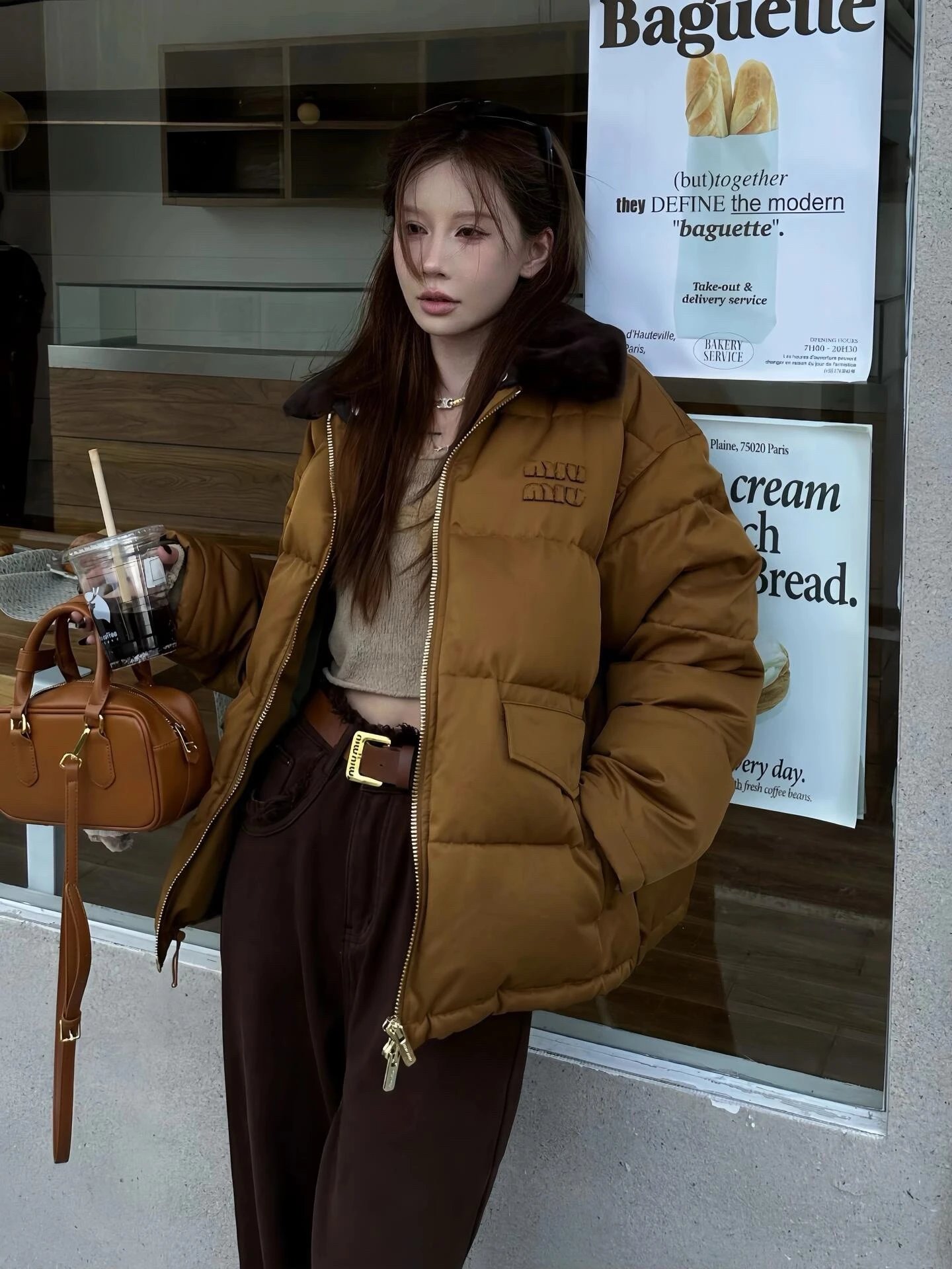 MIU MIU Brown Puffer Jacket with Faux Fur Collar