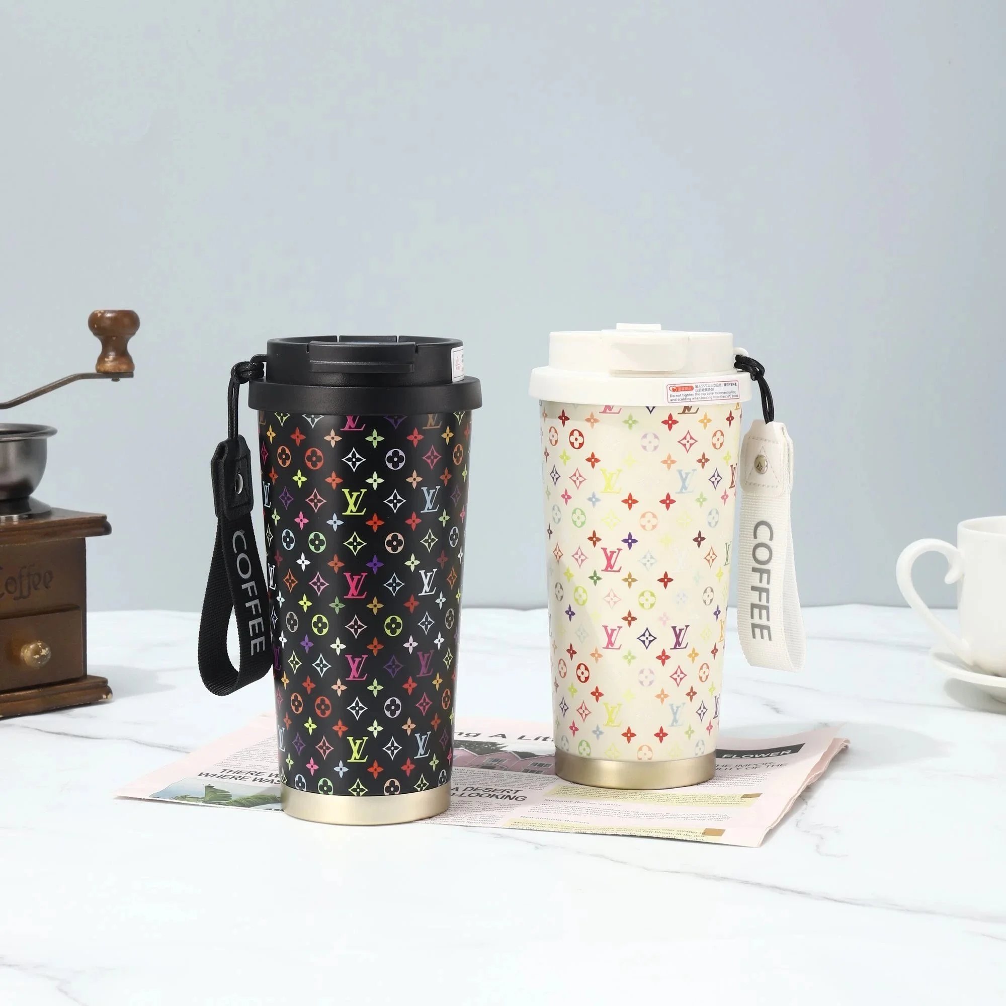 LV Style Stainless Steel Travel Coffee Mug with Lid and Strap