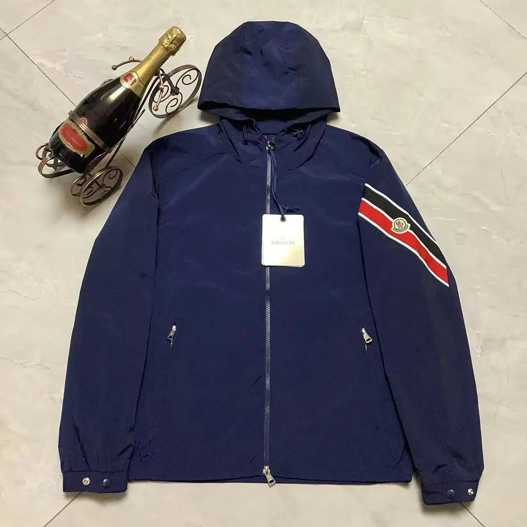 Moncler Navy Blue Hooded Jacket with Red Black Stripe