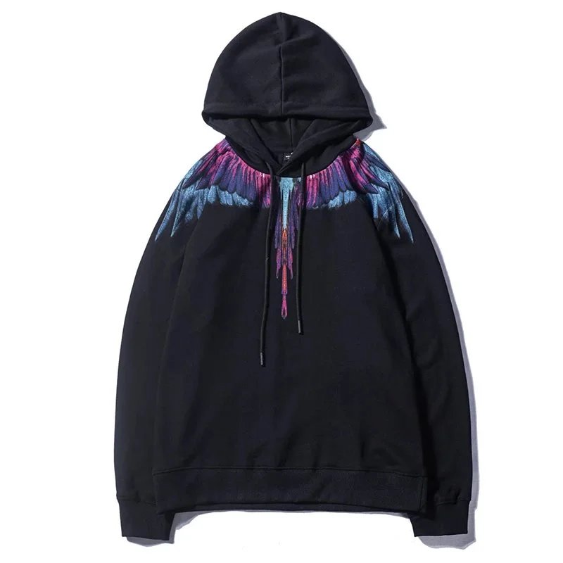 Black Hoodie with Colorful Wings Design