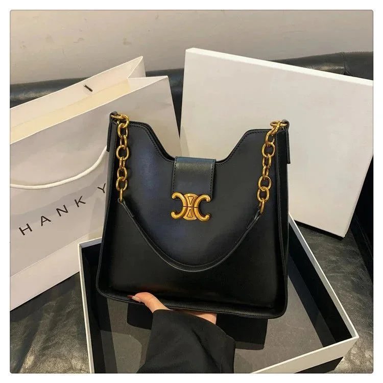 Black Leather Shoulder Bag with Gold Chain and Logo Clasp