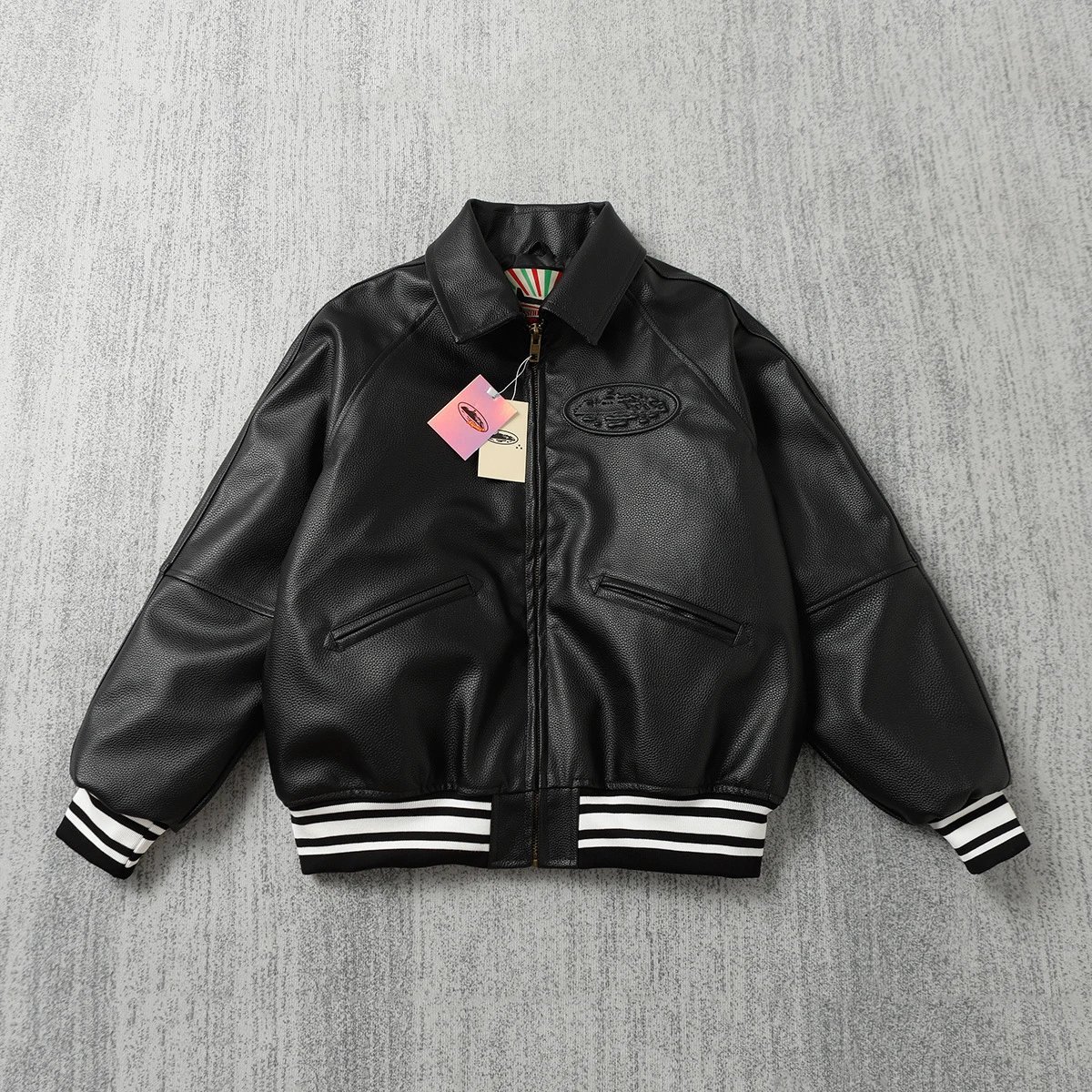 Black Leather Bomber Jacket with Striped Cuffs and Logo Patch