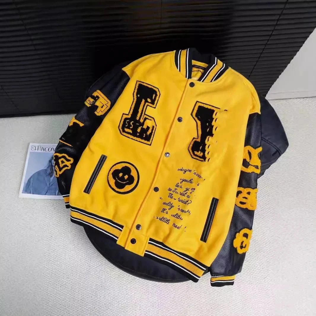 Yellow and Black Letterman Jacket with Embroidered Logo and Text