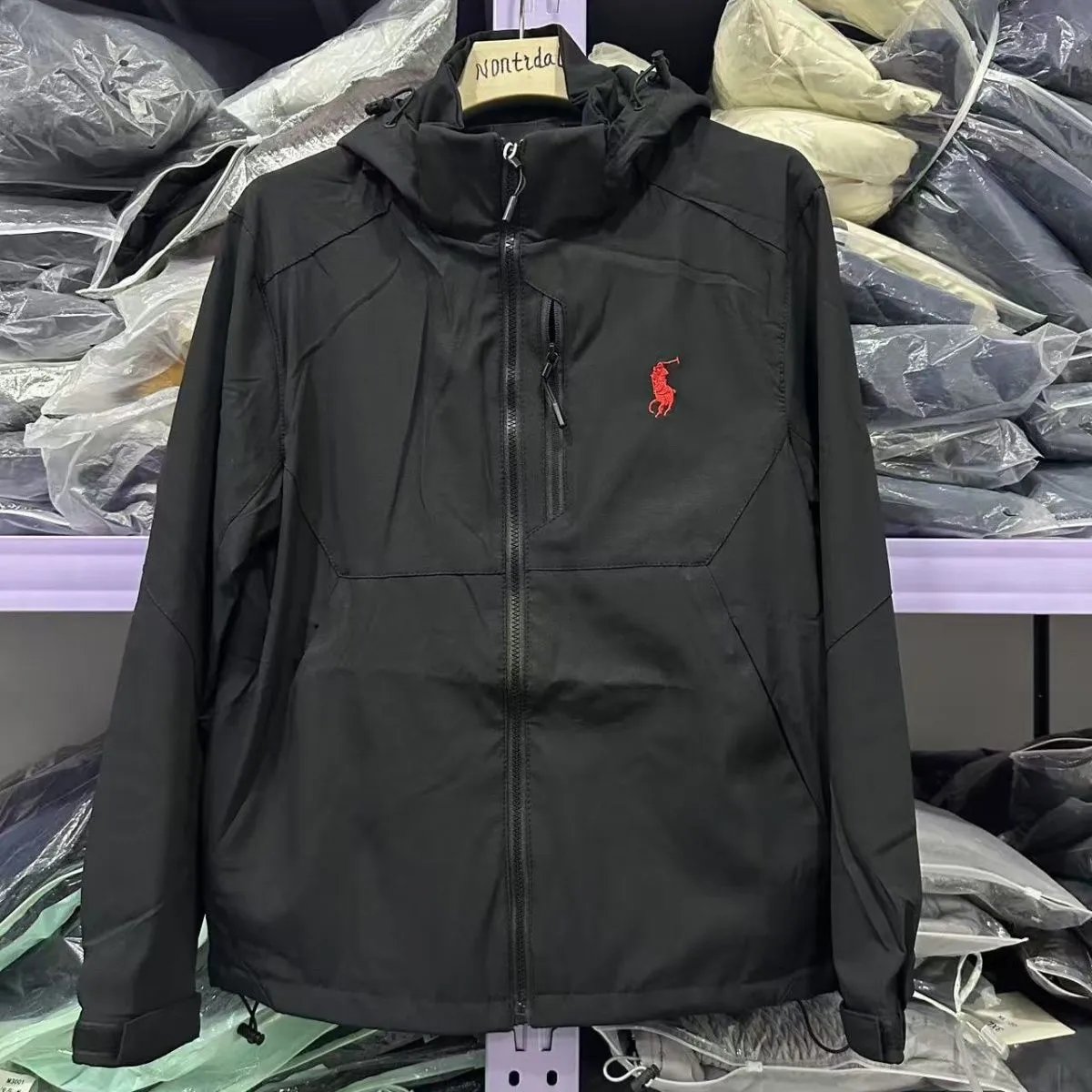 Black Hooded Windbreaker Jacket with Red Pony Logo