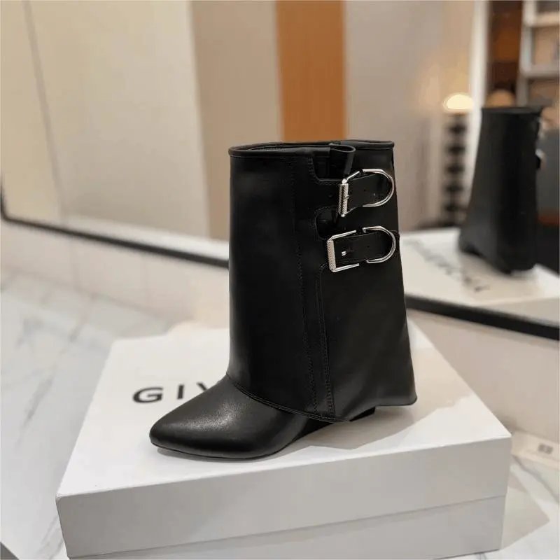 Black Leather Ankle Boots with Double Buckle Design