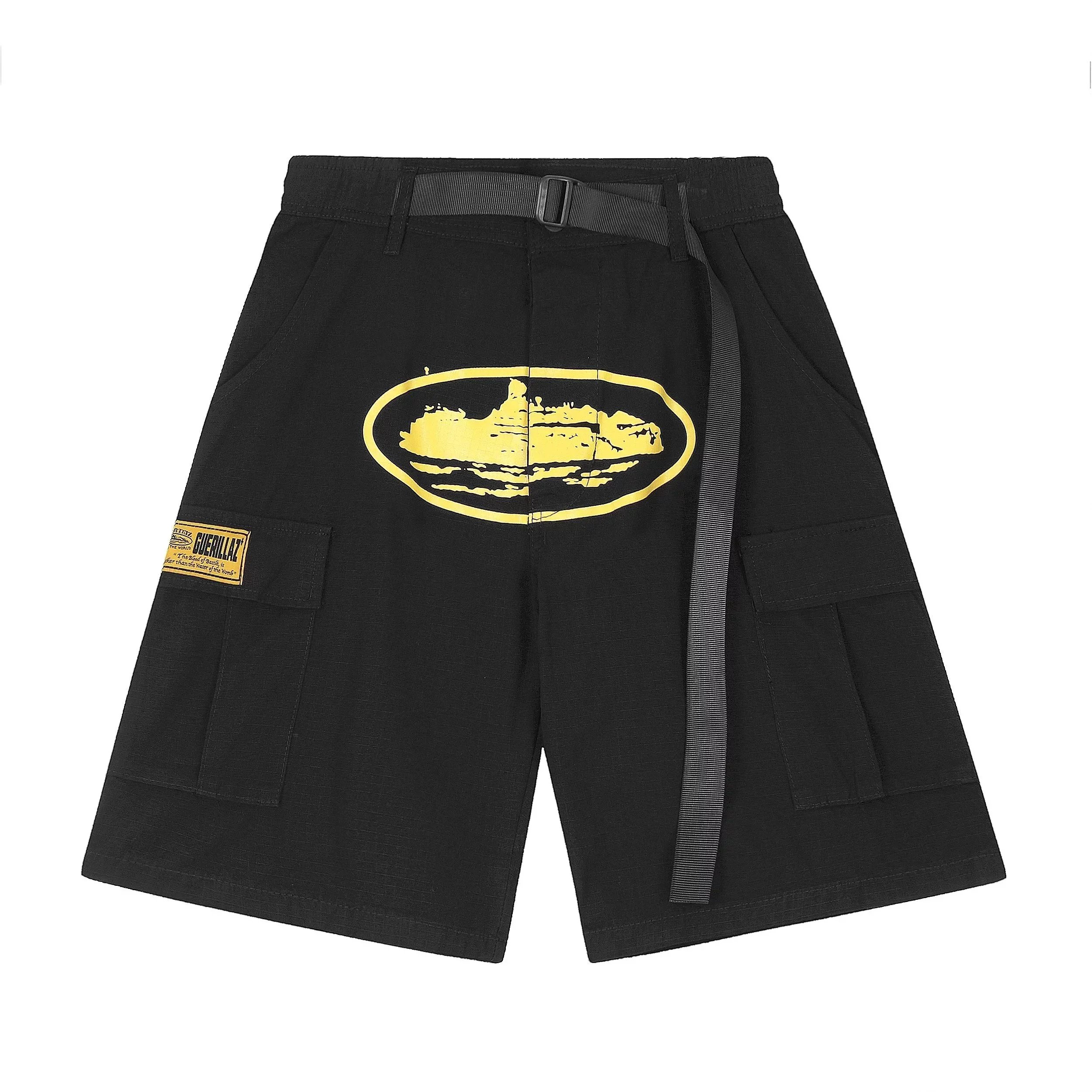Black Cargo Shorts with Yellow Logo and Belt
