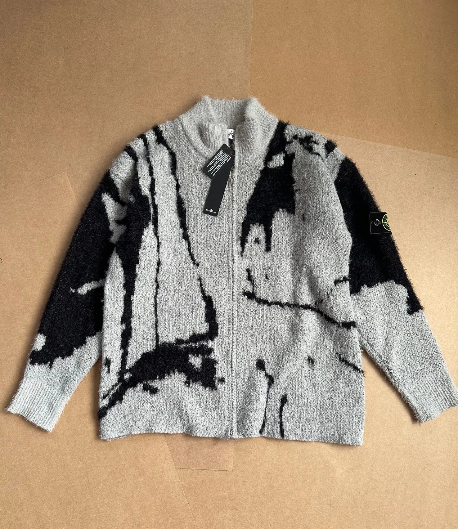 Stone Island Zip-Up Knit Sweater with Abstract Pattern