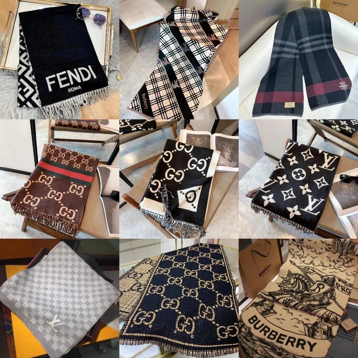 Designer Scarves from Fendi, Gucci, Louis Vuitton, and Burberry
