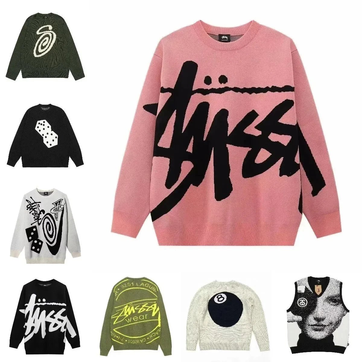 Stussy Logo Knit Sweater Men's Streetwear Oversized Crewneck