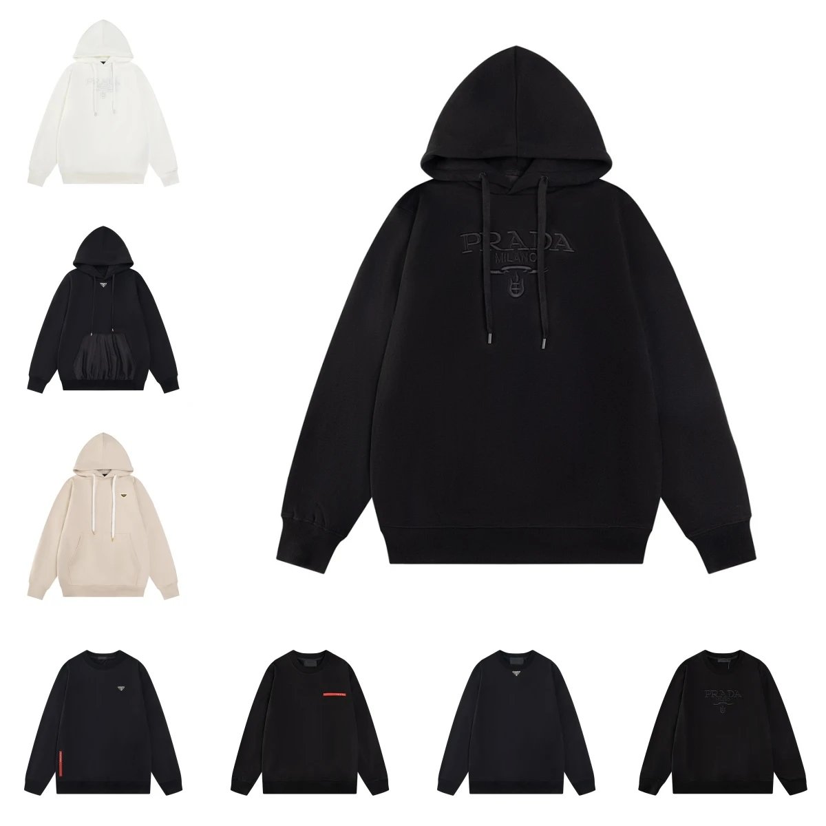 Prada Hoodie Sweatshirt Men's Fashion Logo Embroidered Oversized Black