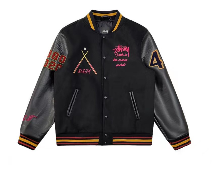 Stussy Black Leather Jacket with Embroidered Logo and Number 4