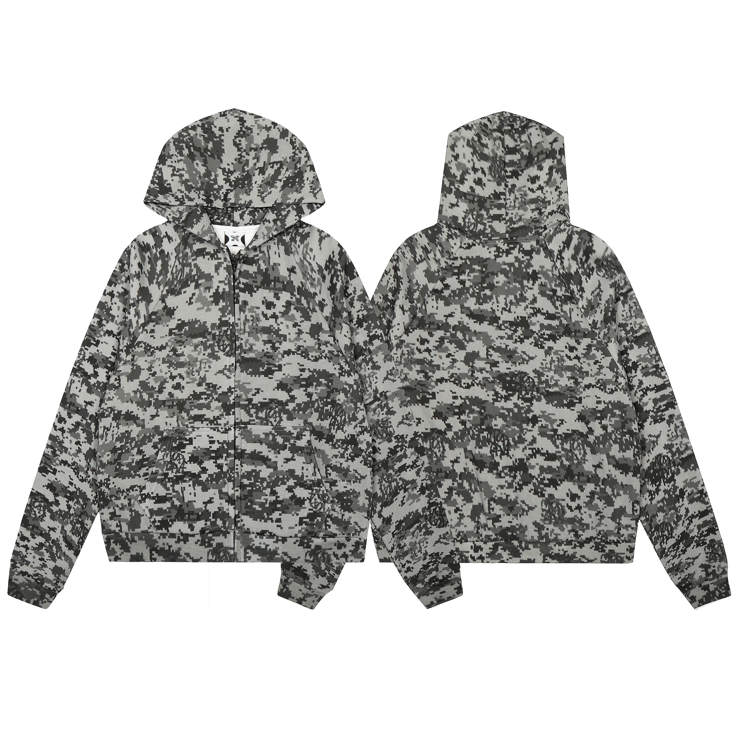 Camouflage Hoodie Zip-Up Sweatshirt Gray Digital Print