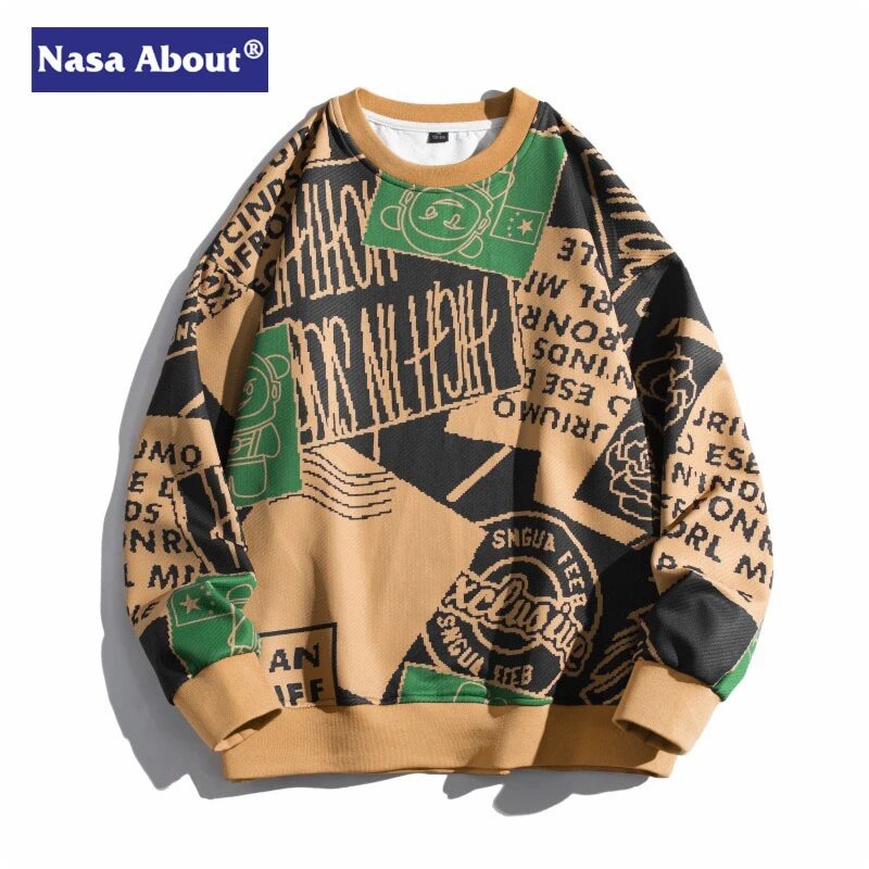 Nasa About Patchwork Print Crewneck Sweatshirt Men Streetwear Fashion