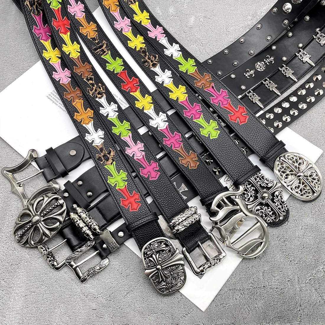 Colorful Cross Pattern Leather Belts with Metal Buckles for Fashion Style