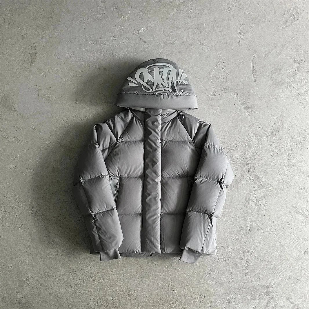 Gray Puffer Jacket with Hood and Logo Design