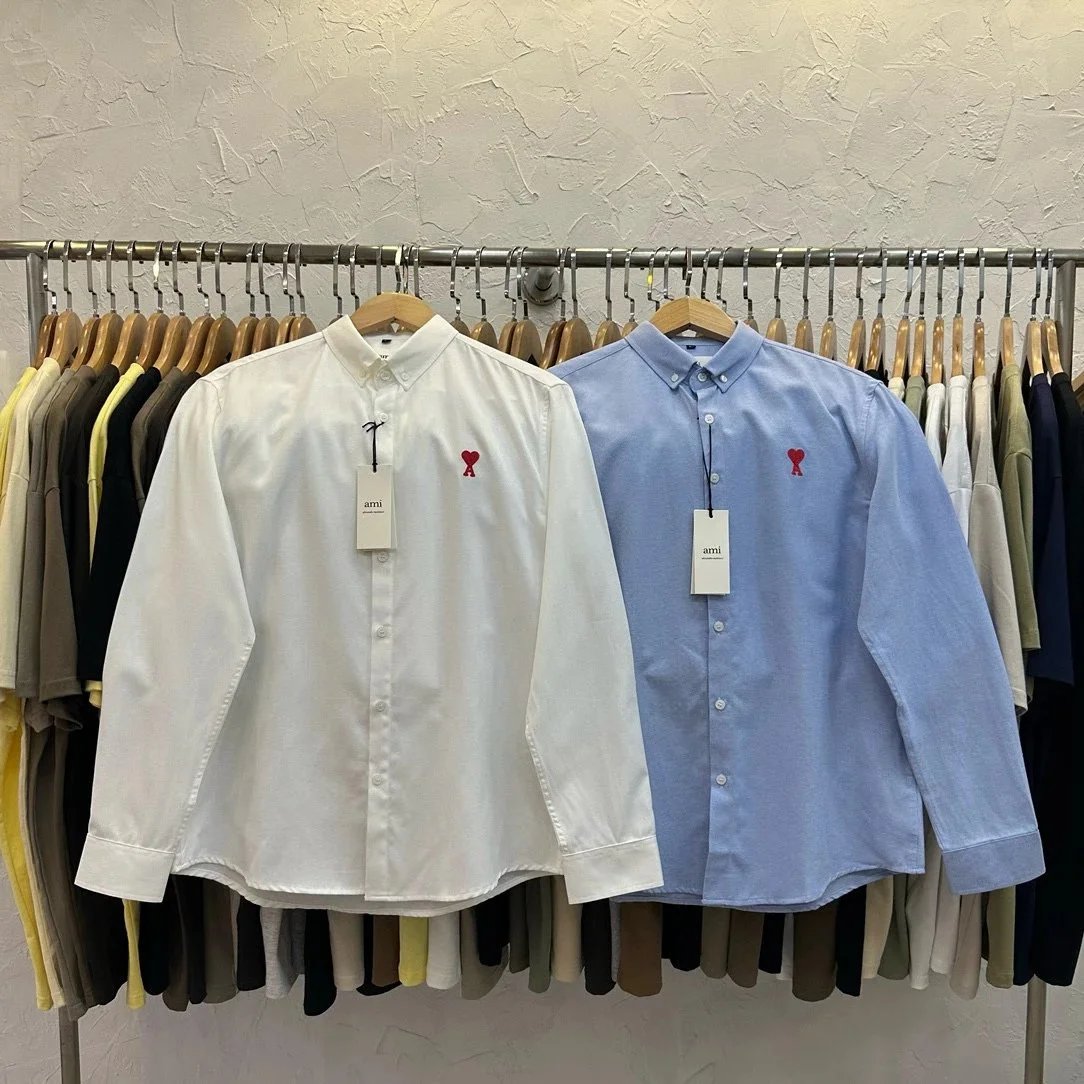 AMI Paris Long Sleeve Button-Up Shirt Men's White and Blue