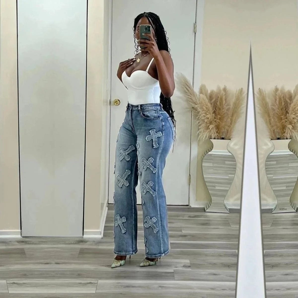 High Waisted Cross Patch Denim Jeans for Women