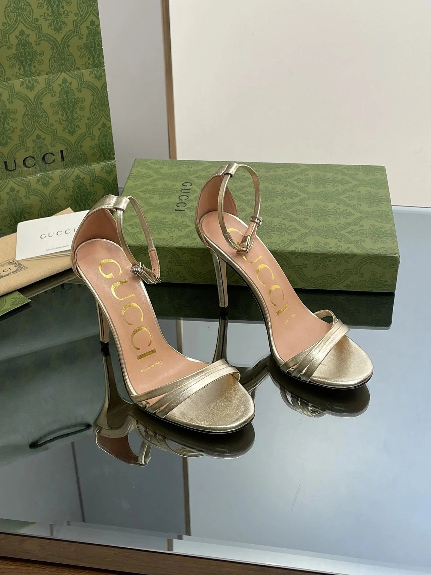 Gucci Metallic Gold Ankle Strap Heels Women's Sandals