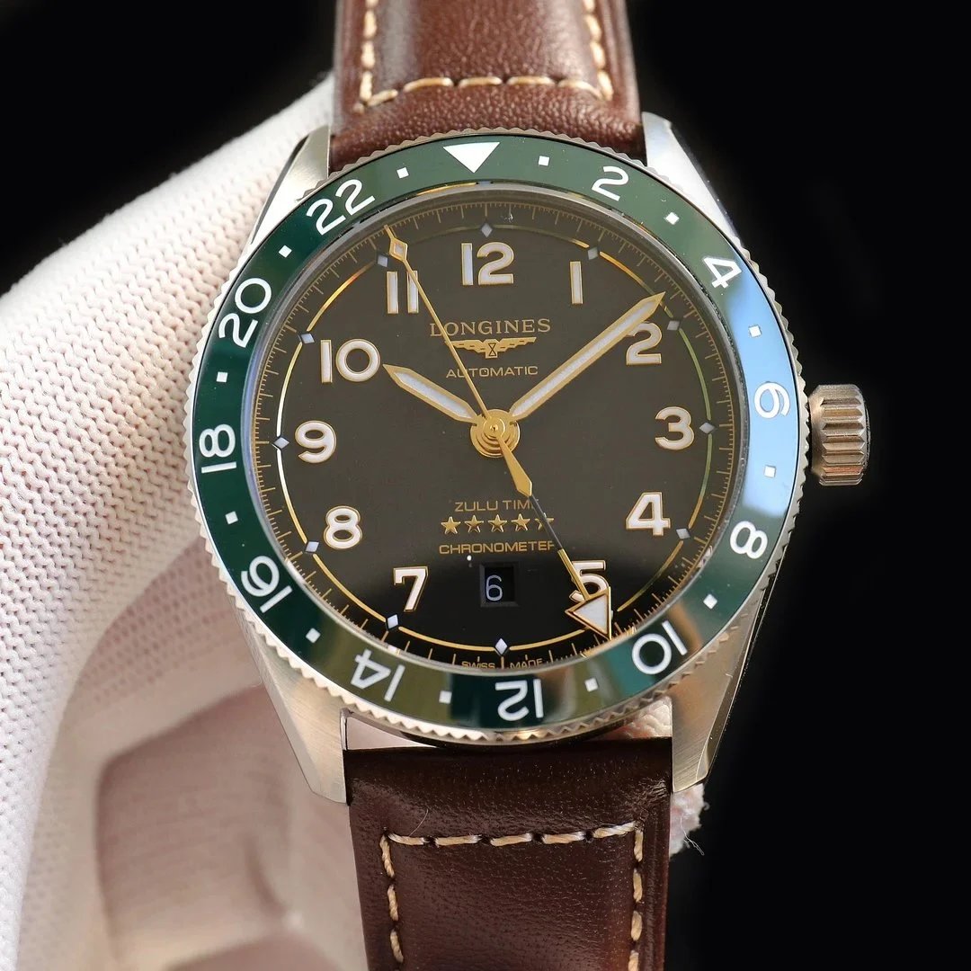 Longines Automatic Chronometer Watch with Green Bezel and Leather Strap