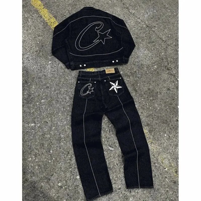C Star Denim Jacket and Jeans Set Black Embroidered Logo
