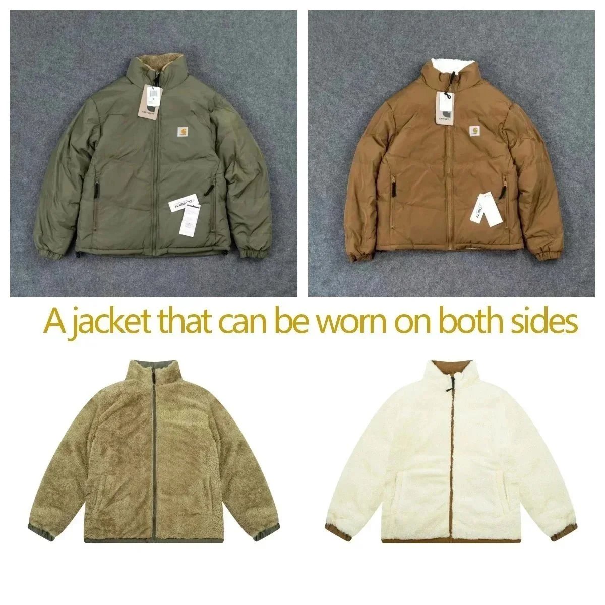 Reversible Puffer Jacket for Men and Women - Olive and Brown