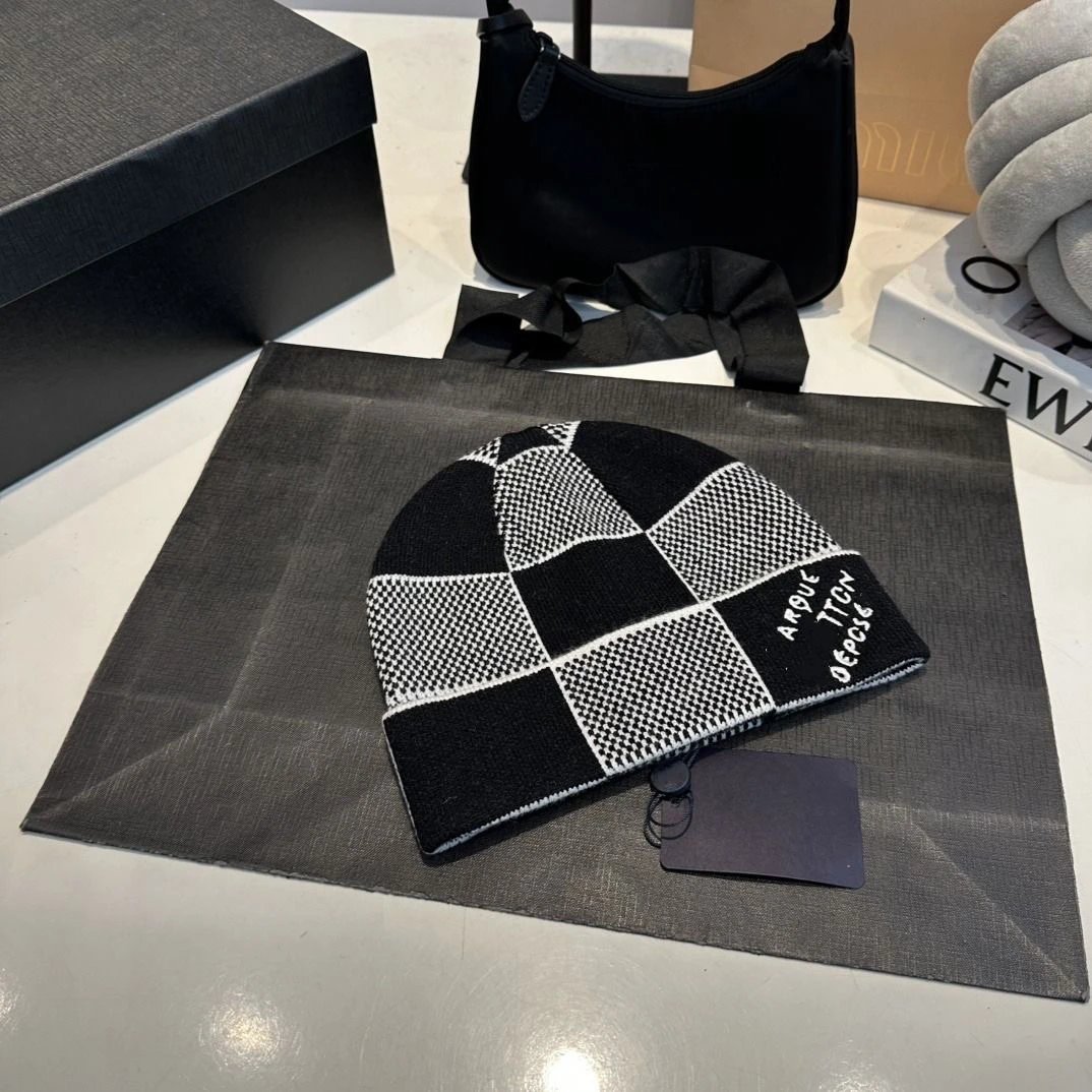 Black and White Checkered Knit Beanie Hat with Logo