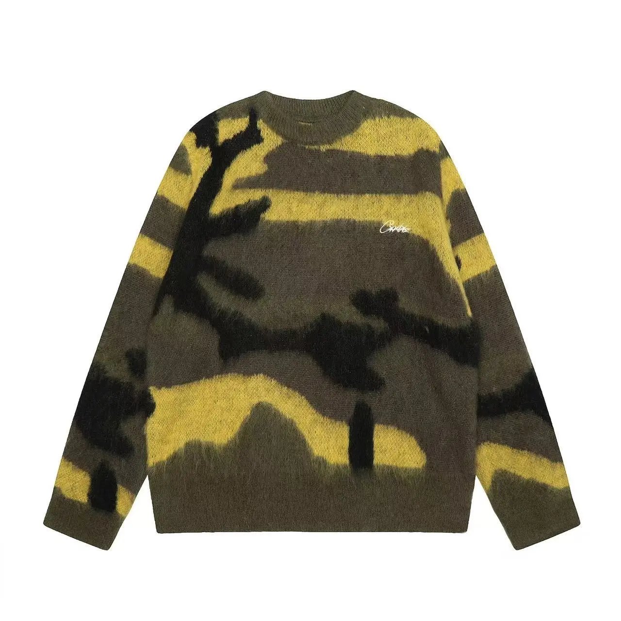 Camouflage Pattern Knit Sweater Men's Oversized Crewneck Pullover
