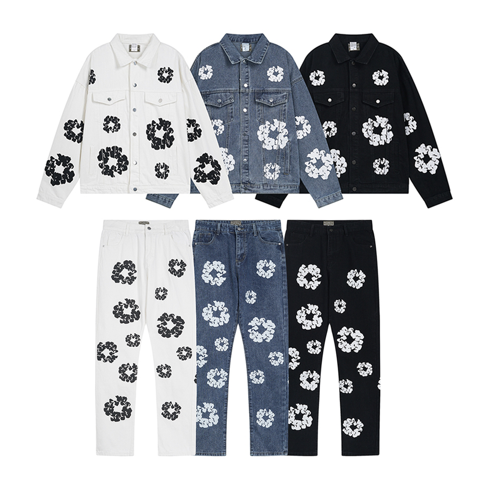 Floral Pattern Denim Jacket and Pants Set in White Blue Black
